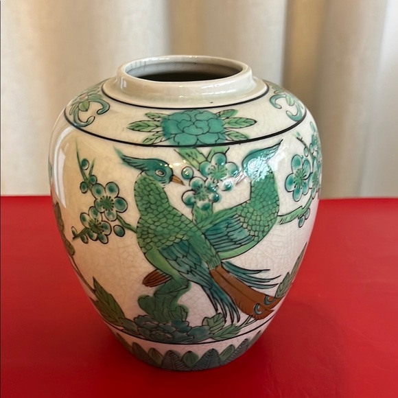 Other - Japanese Porcelain Hand Painted Ginger Jar 5.5" Tall 5" Wide Green birds flower